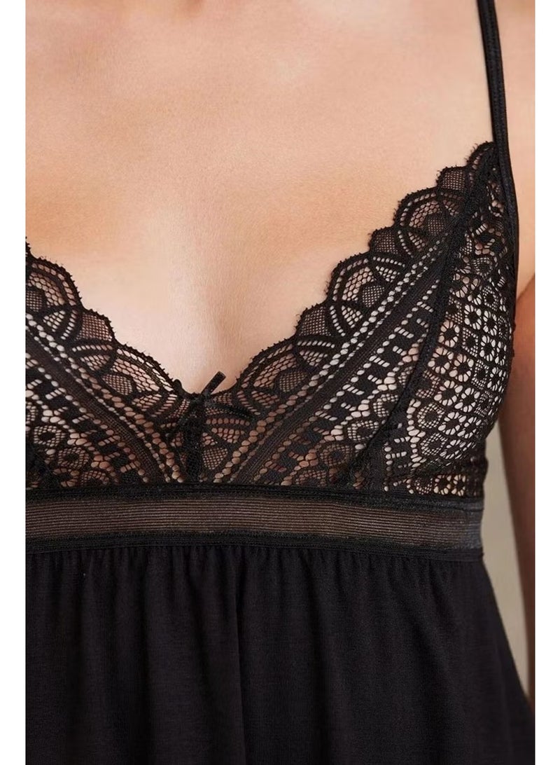 pierre cardin 2820 طقم بيجامة دانتيل من القطن المشط للنساء مع رداء - أسود - Image 3